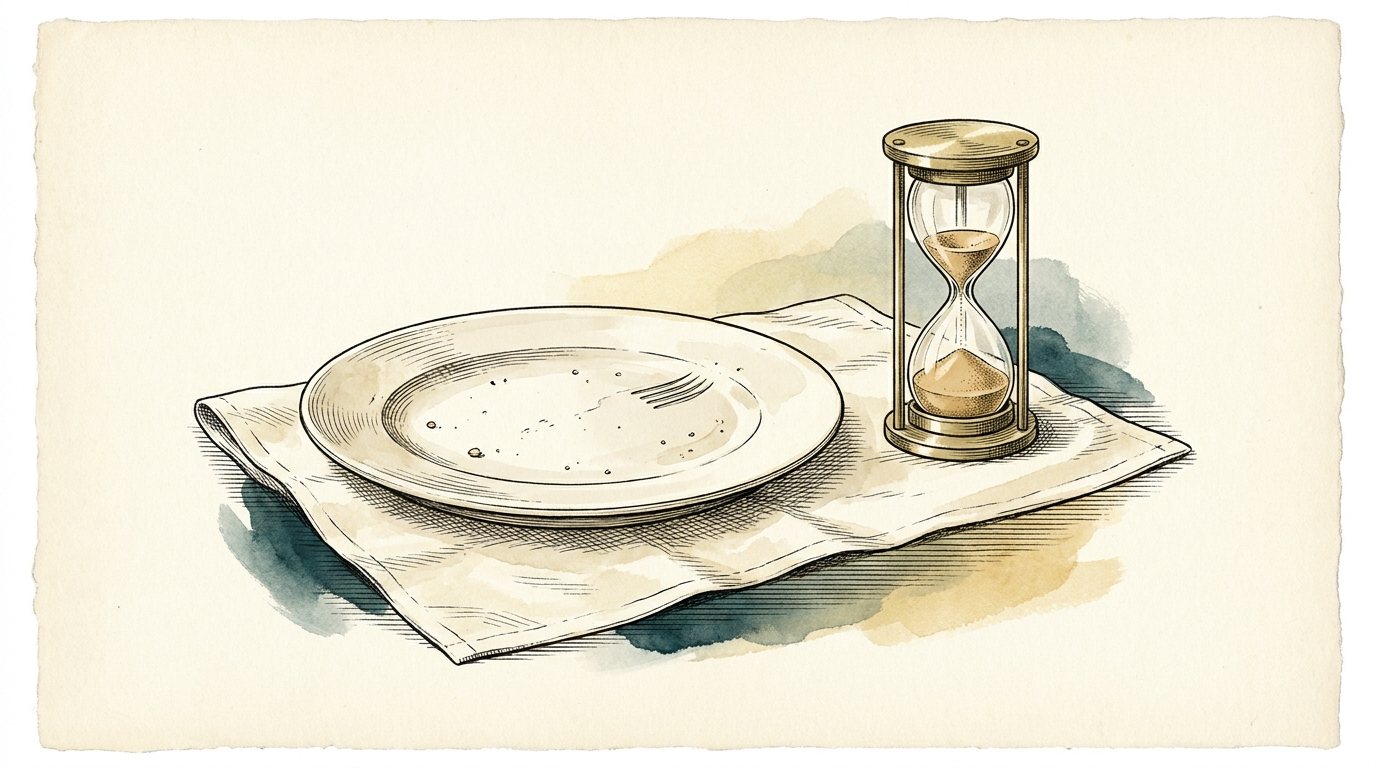 Engraving of an empty plate beside an hourglass