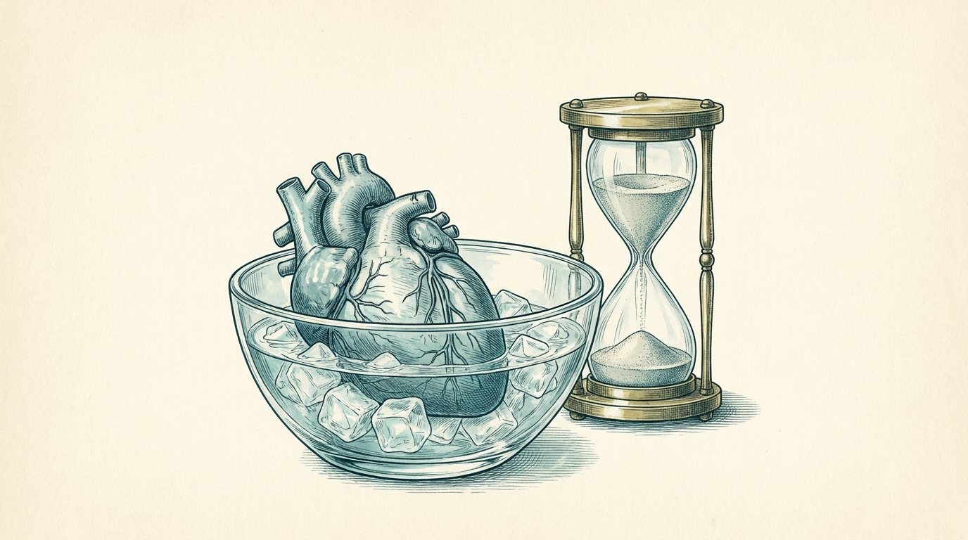 Engraving of a heart in a bowl of ice beside an hourglass
