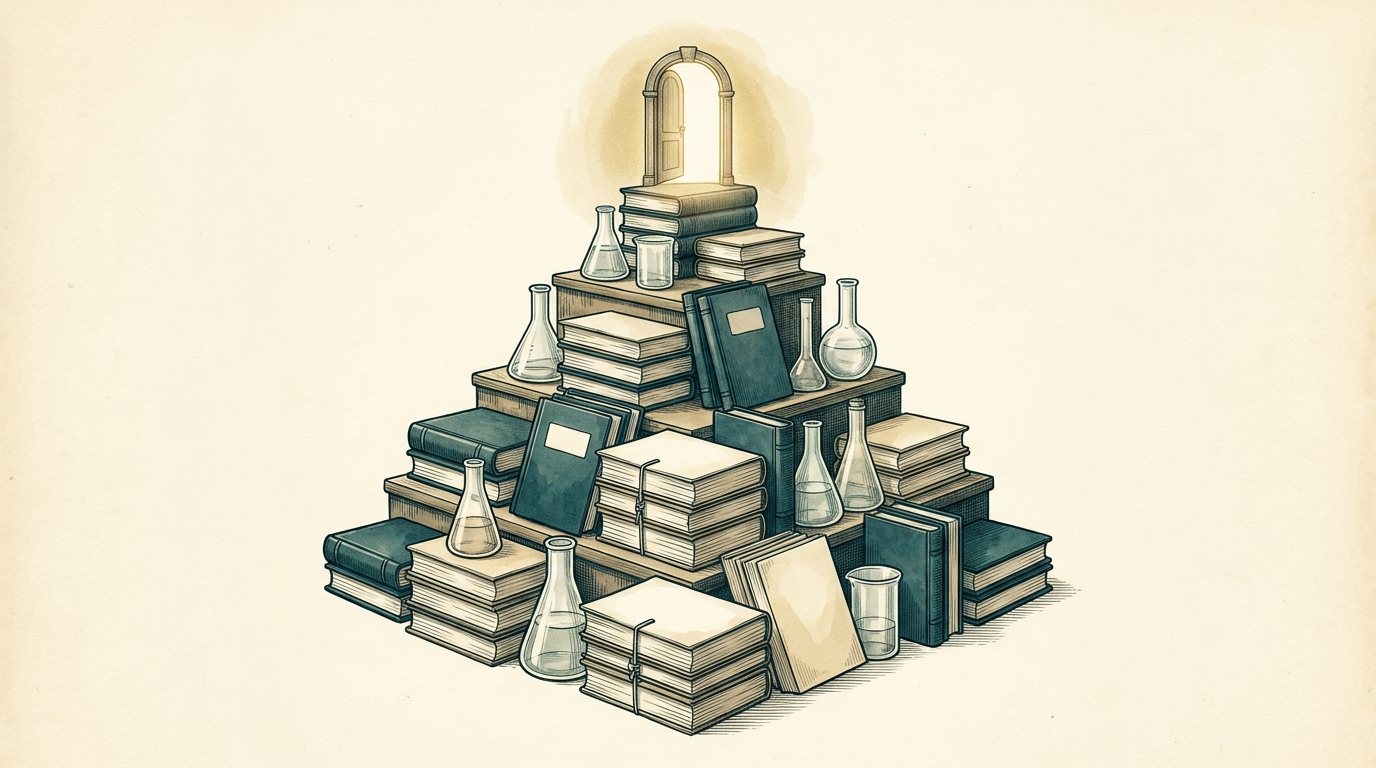 Engraving of a pyramid of books and flasks leading to a lit door
