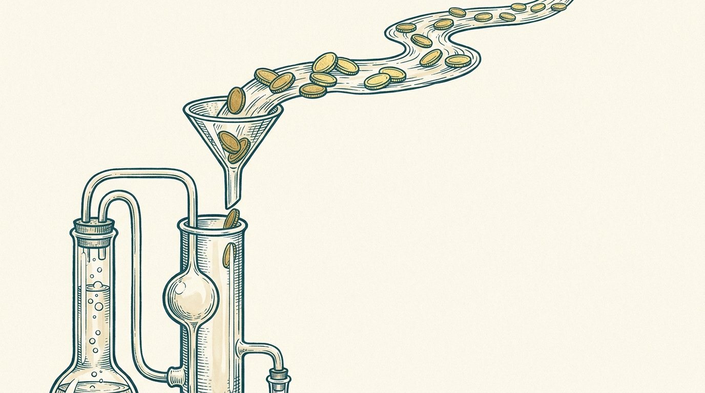 Engraving of golden coins flowing into laboratory glassware