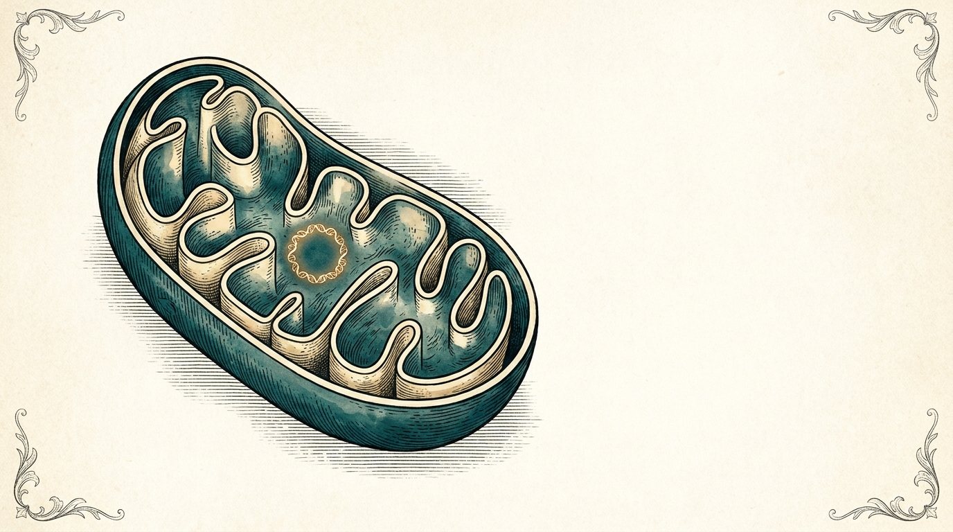 Engraving of a mitochondrion with a golden ring of DNA