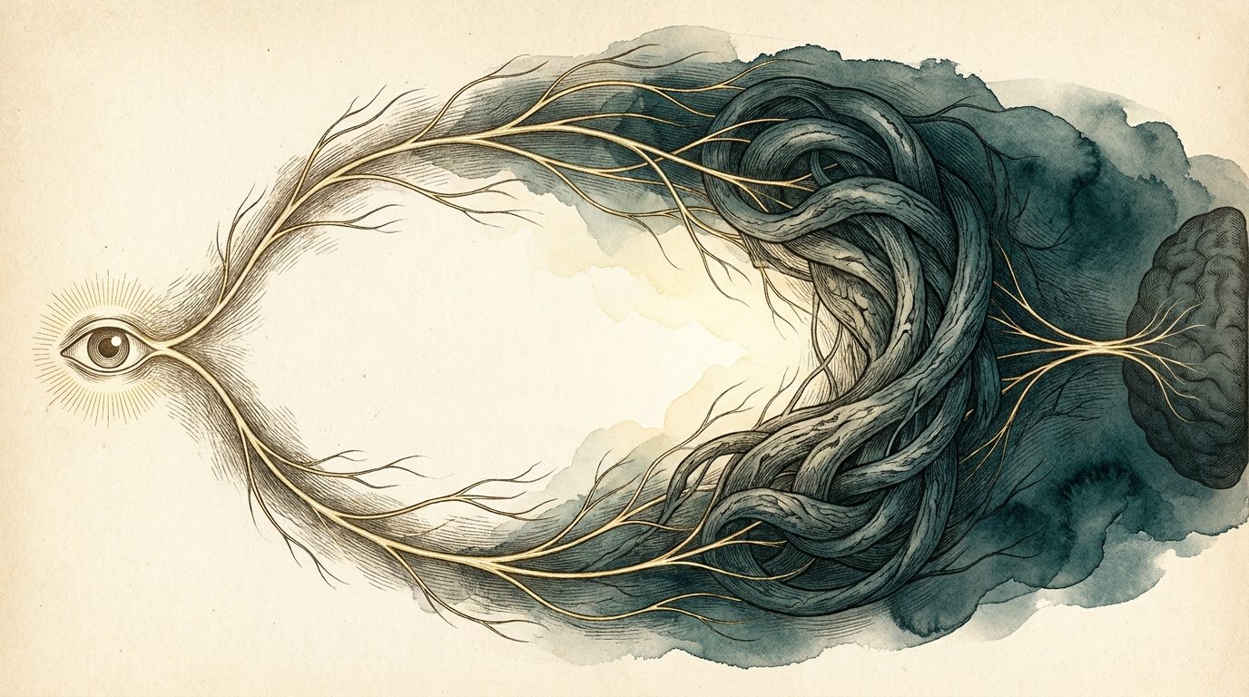 Engraving of golden nerve fibres from an eye stopping at a tangle of scar tissue