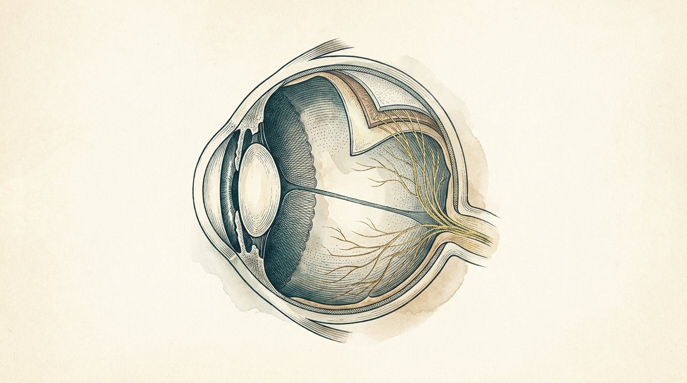 Anatomical engraving of an eye with golden nerve fibres