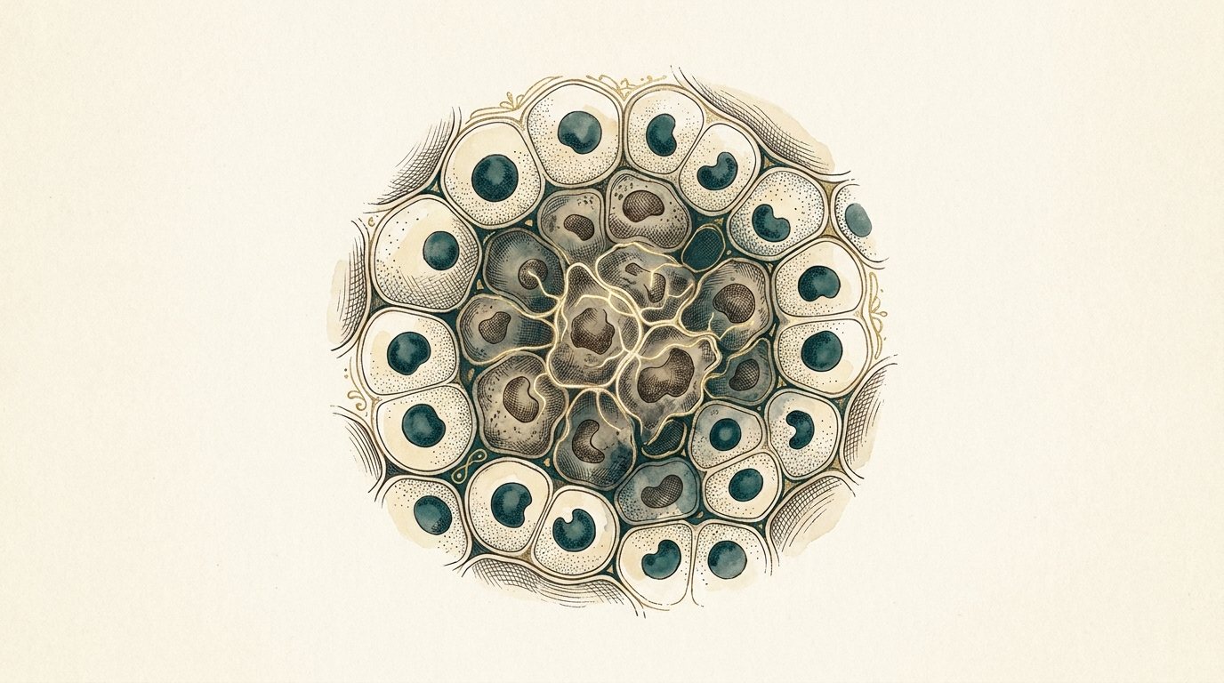 Engraving of a cluster of cells with a dormant centre